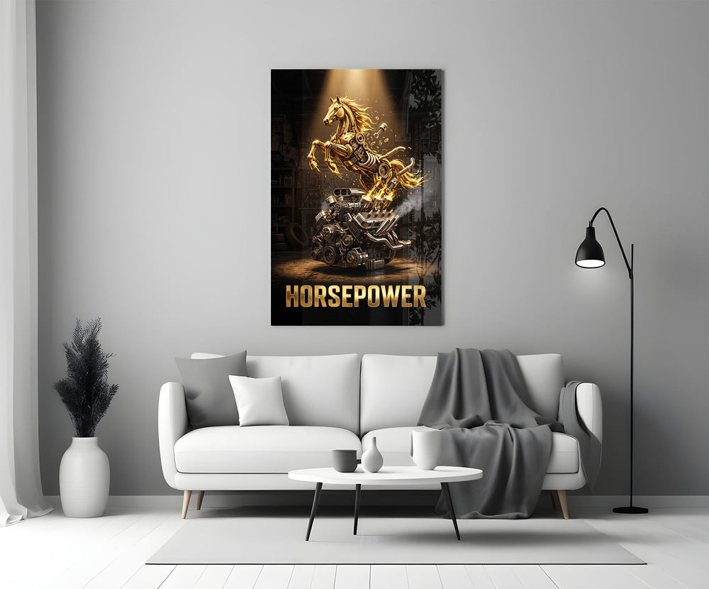 horsepower golden engine horse panel bringing character to a minimalist living room wall
