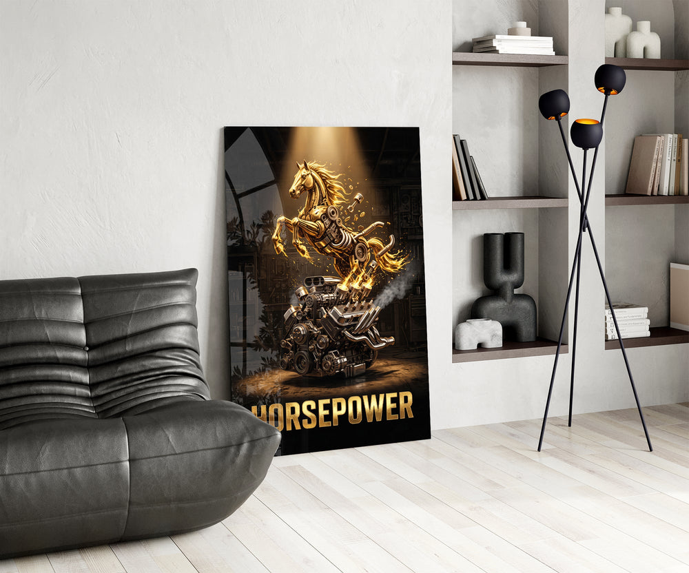 horsepower golden engine horse glass wall art leaning beside a dark leather sofa