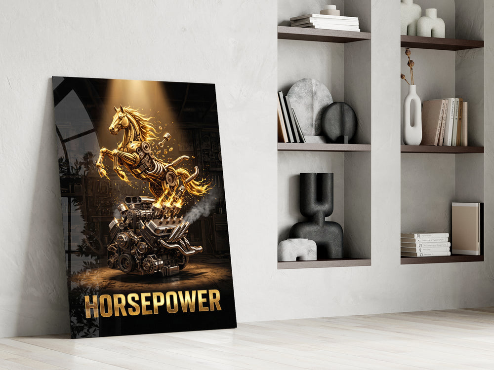 horsepower golden engine horse panel resting in a shelving niche in a modern interior