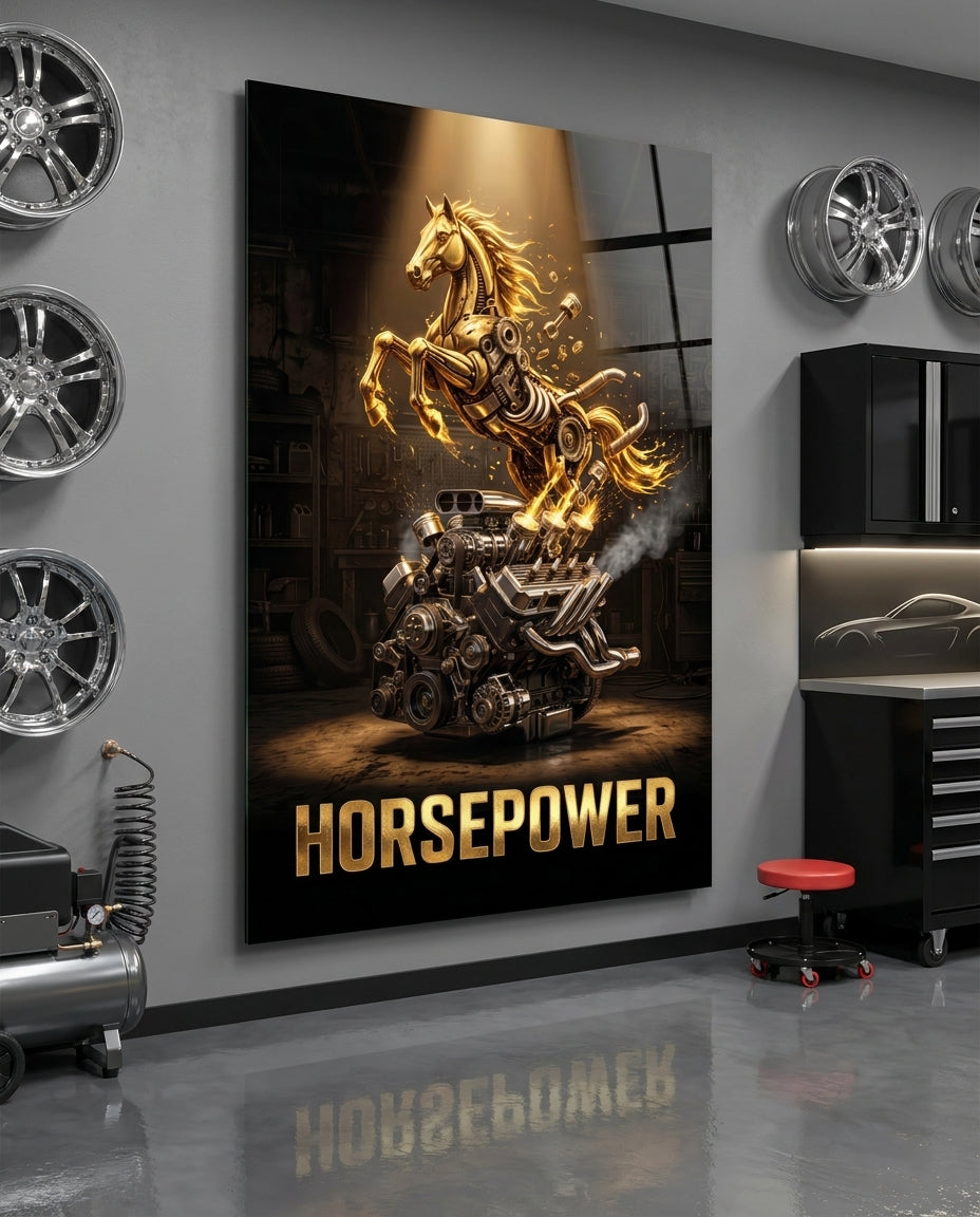 Horsepower Golden Engine Horse Glass Wall Art