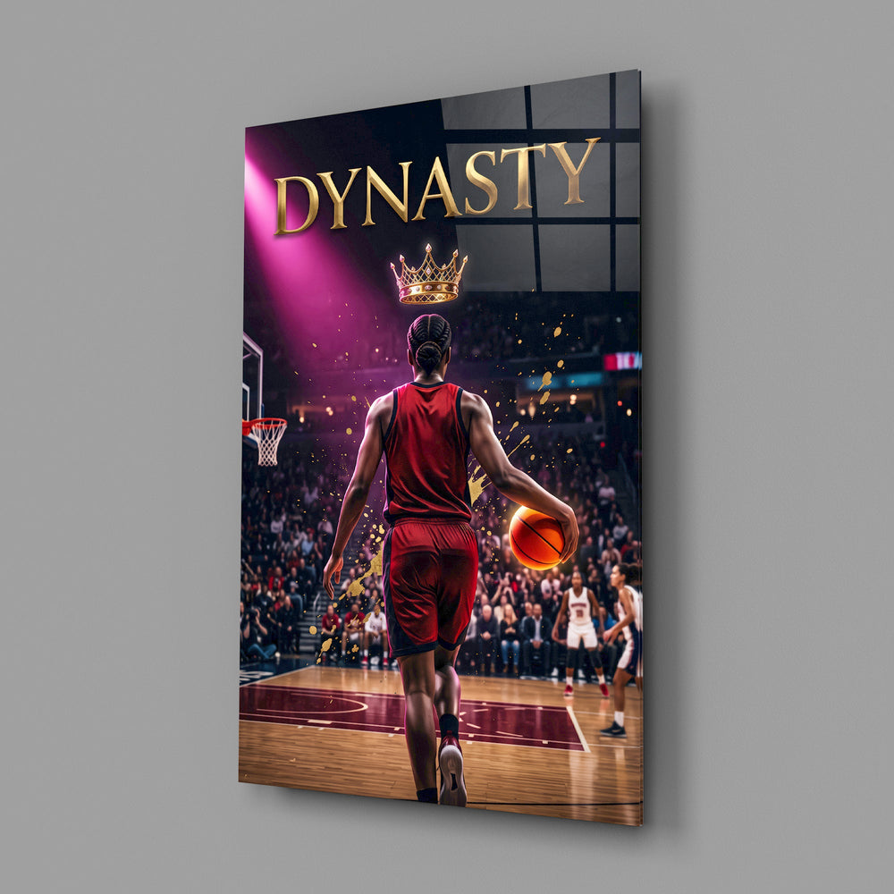 dynasty gold crown basketball king glass wall art angled to show the polished tempered glass panel