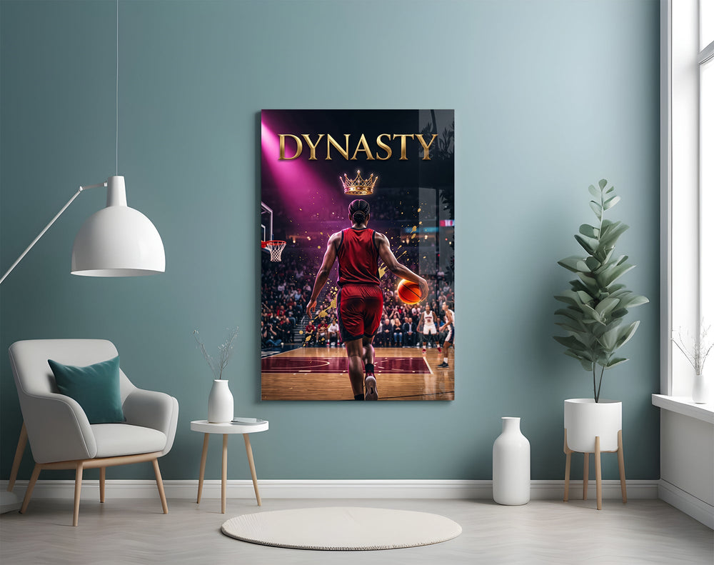 dynasty gold crown basketball king glass wall art styled above an armchair in a reading corner