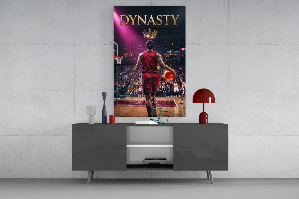 dynasty gold crown basketball king glass wall art displayed above a console in a designer interior
