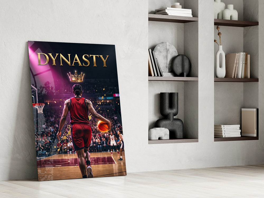 dynasty gold crown basketball king panel resting in a shelving niche in a modern interior