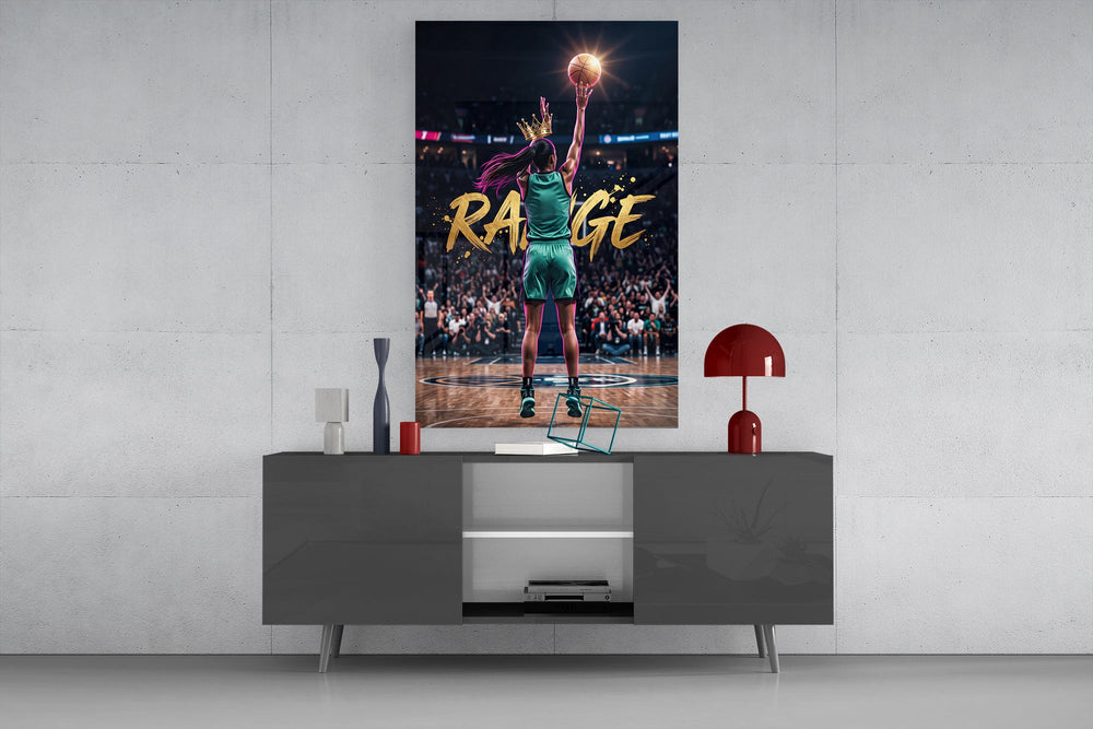 range crowned woman basketball baller glass wall art displayed above a console in a designer interior