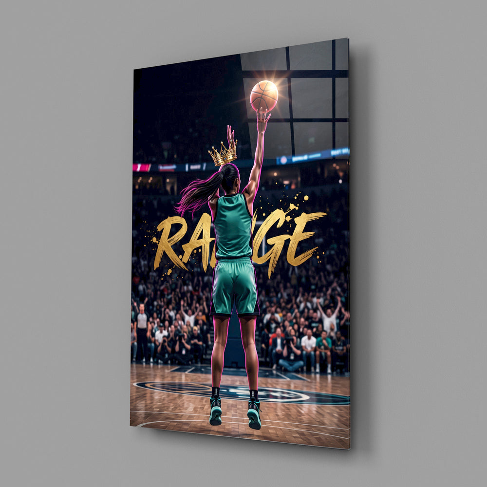 range crowned woman basketball baller glass wall art angled to show the polished tempered glass panel