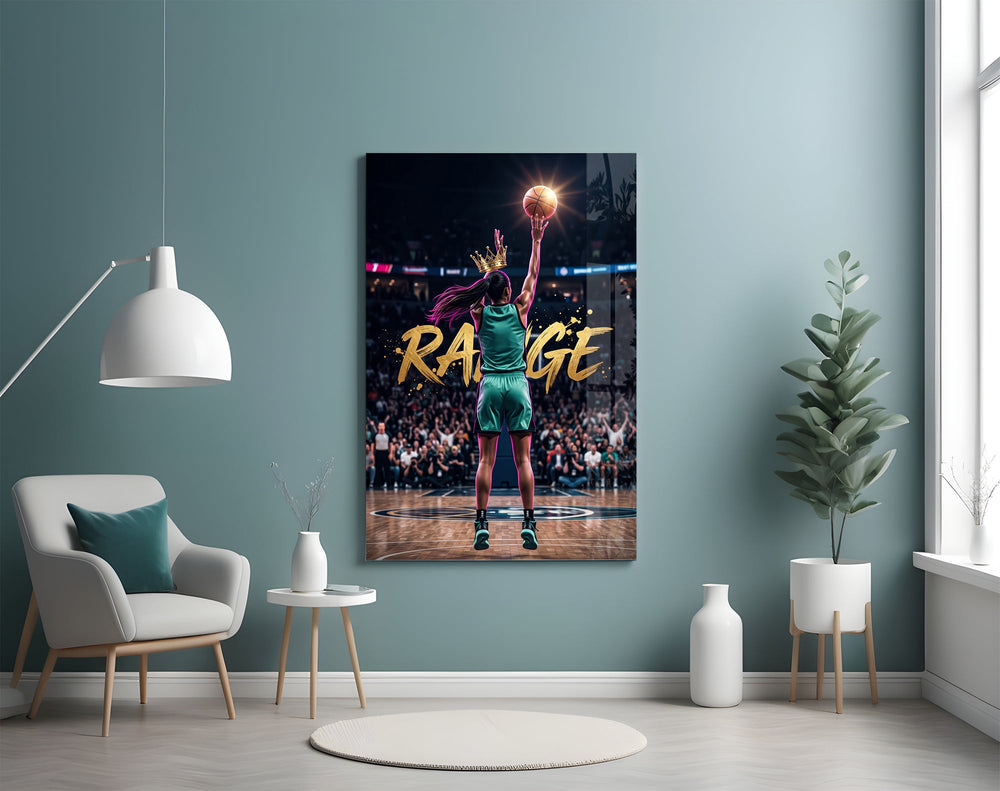 range crowned woman basketball baller glass wall art styled above an armchair in a reading corner