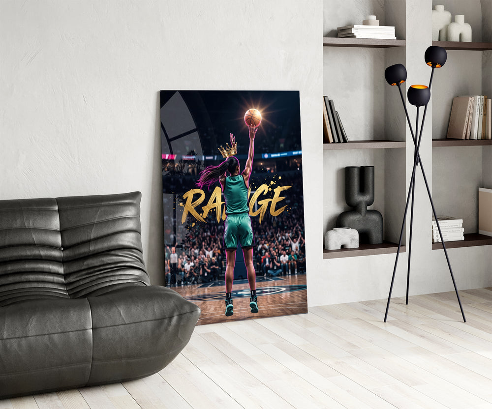 range crowned woman basketball baller glass wall art leaning beside a dark leather sofa