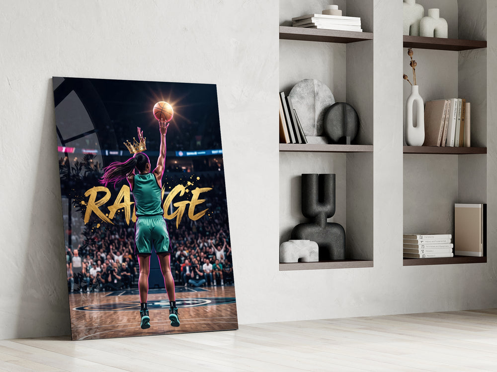 range crowned woman basketball baller panel resting in a shelving niche in a modern interior