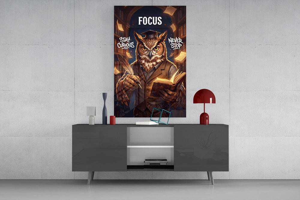 focus scholar owl professor glass wall art displayed above a console in a designer interior