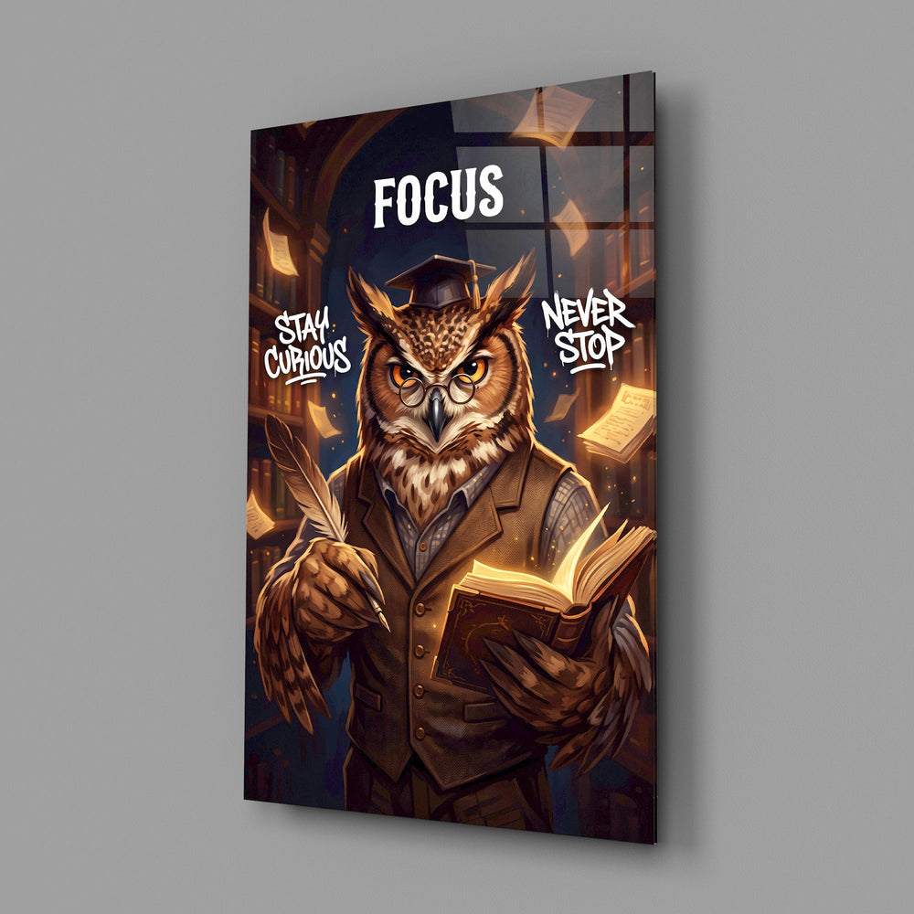 focus scholar owl professor glass wall art angled to show the polished tempered glass panel