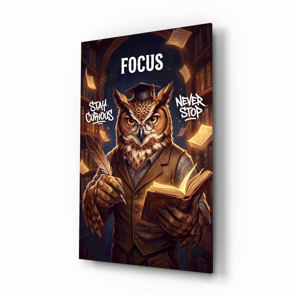 Focus Scholar Owl Professor Glass Wall Art - Lifestyle preview in a designer interior