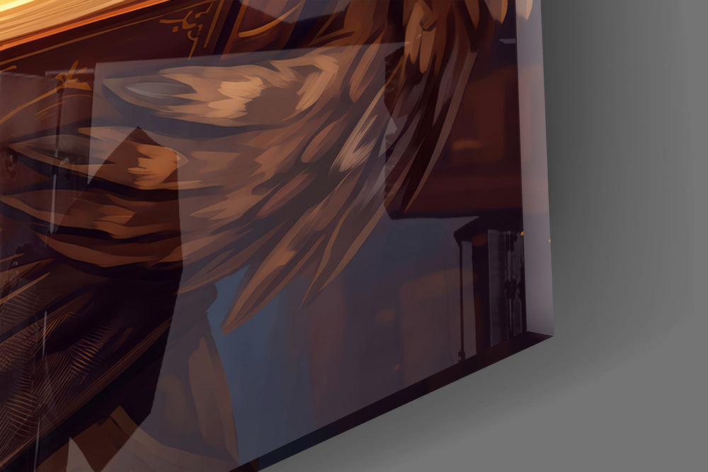 Close-up detail of the round spectacles, quill pen, and glowing open book on the glass surface