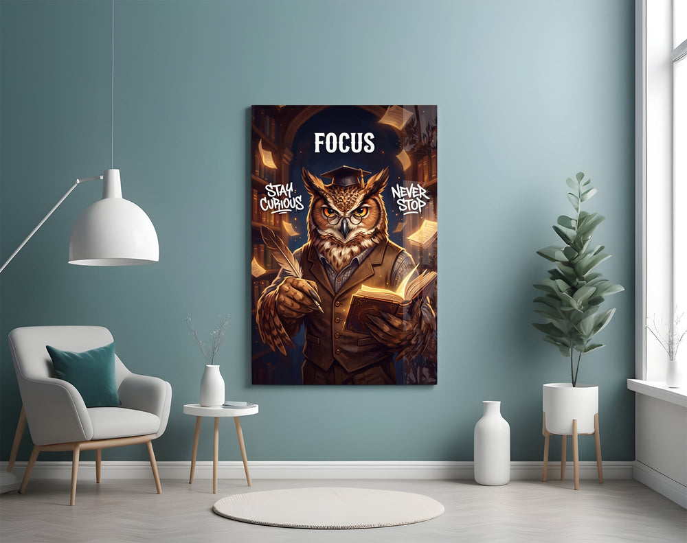 focus scholar owl professor glass wall art styled above an armchair in a reading corner
