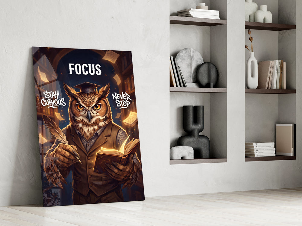 focus scholar owl professor panel resting in a shelving niche in a modern interior