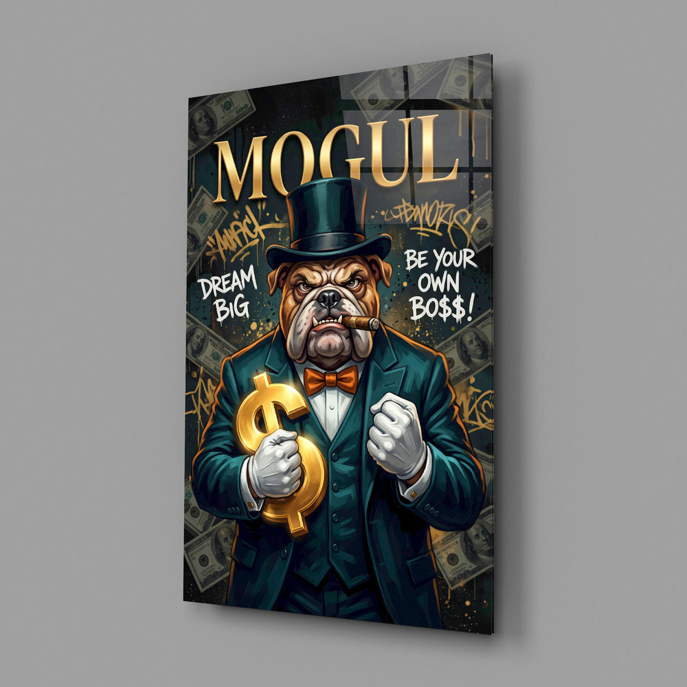 mogul tuxedo bulldog tycoon glass wall art angled to show the polished tempered glass panel