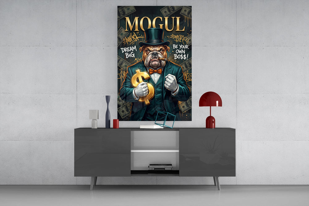 mogul tuxedo bulldog tycoon glass wall art displayed above a console in a designer interior