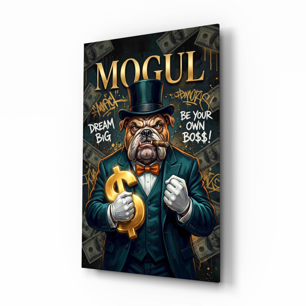 Mogul Tuxedo Bulldog Tycoon Glass Wall Art - Lifestyle preview in a designer interior