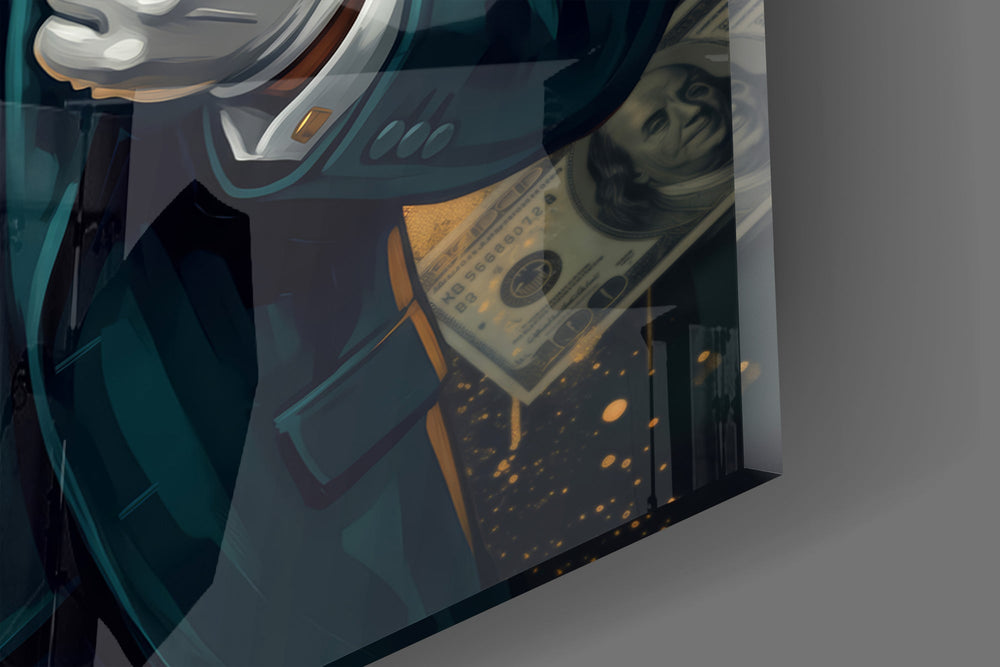 Close-up detail of the glowing gold dollar sign and the cigar clenched in its jaw on the glass surface