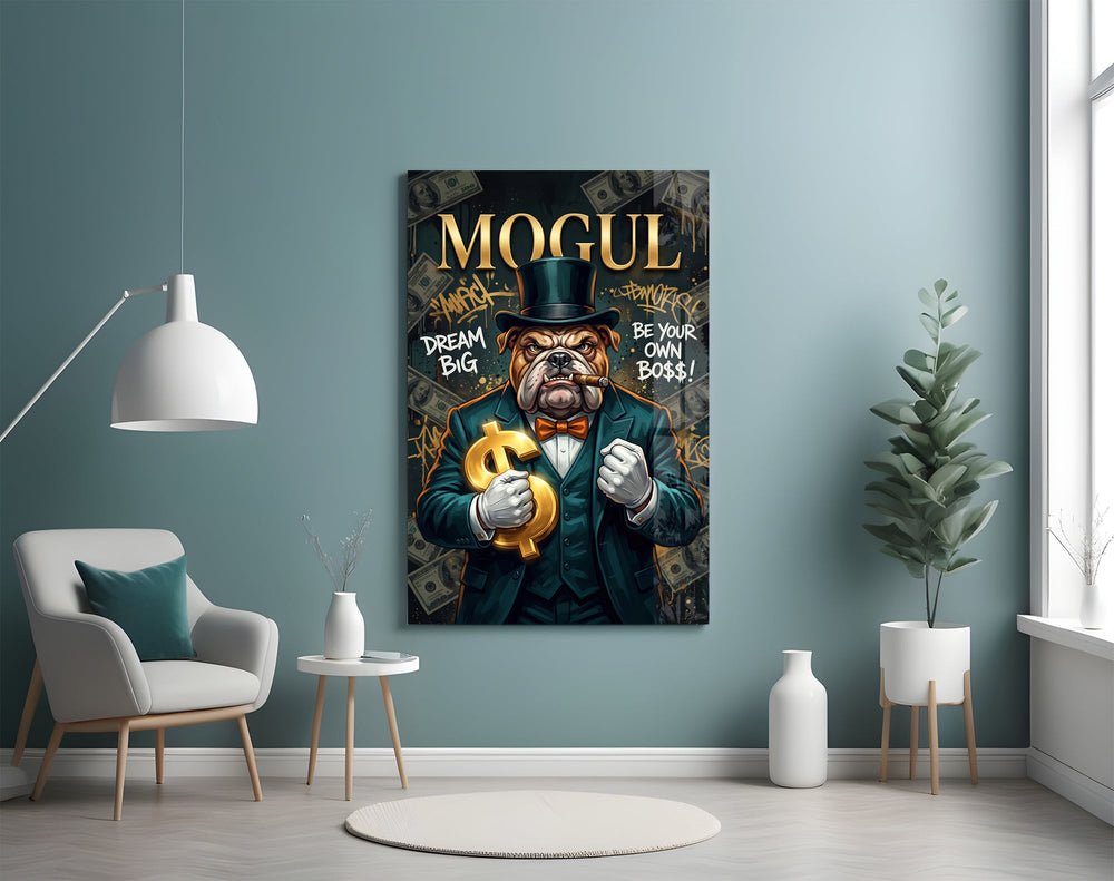 mogul tuxedo bulldog tycoon glass wall art styled above an armchair in a reading corner