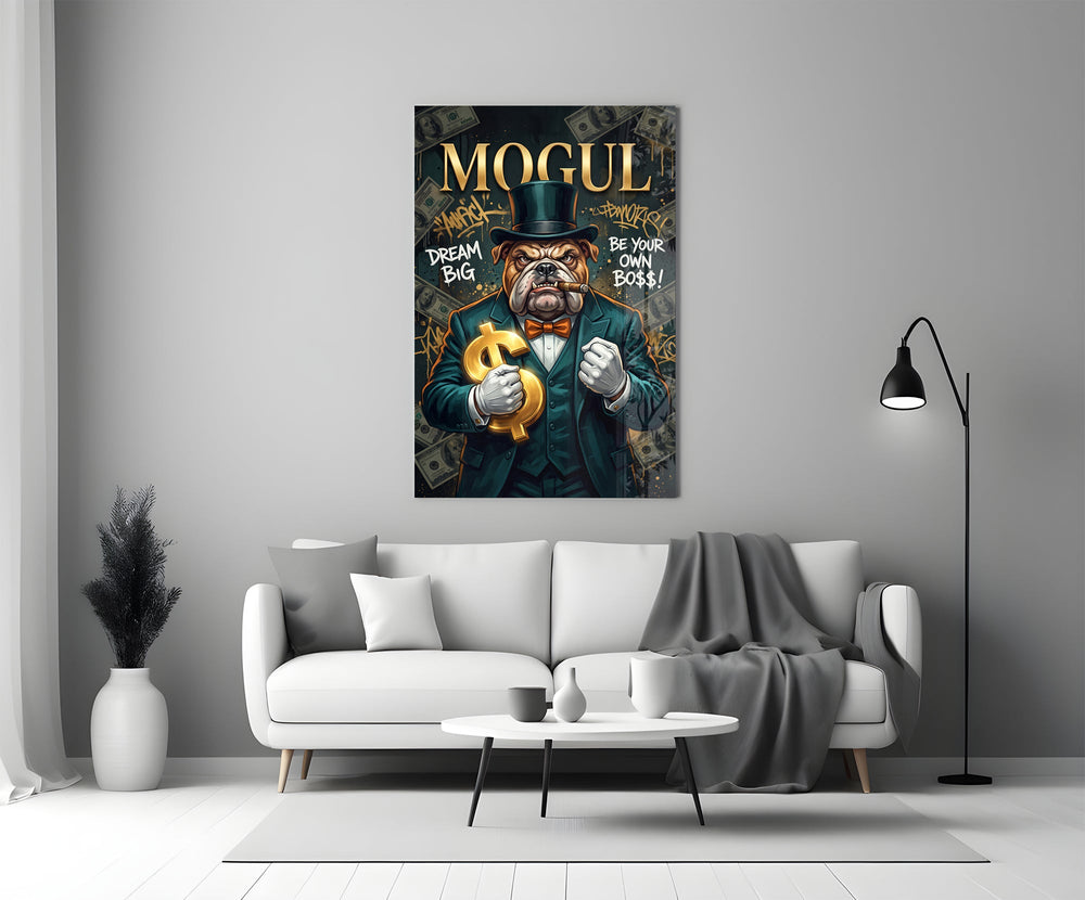 mogul tuxedo bulldog tycoon panel bringing character to a minimalist living room wall
