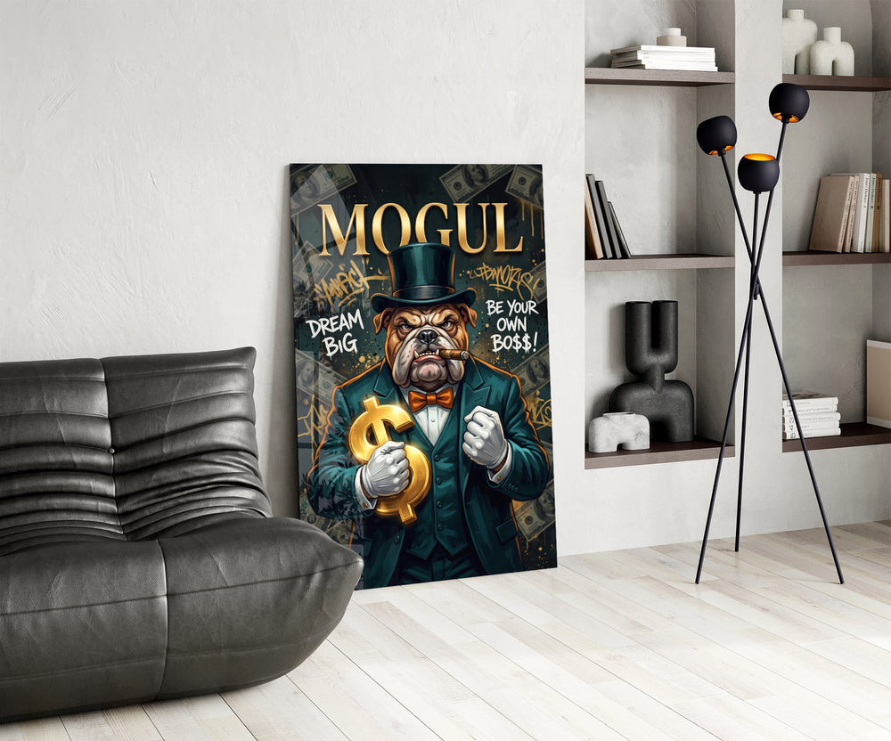 mogul tuxedo bulldog tycoon glass wall art leaning beside a dark leather sofa