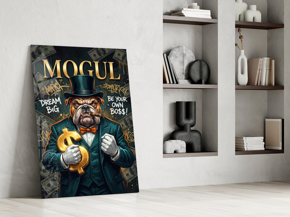 mogul tuxedo bulldog tycoon panel resting in a shelving niche in a modern interior