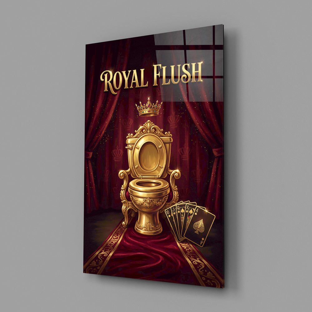 royal flush golden throne toilet glass wall art angled to show the polished tempered glass panel