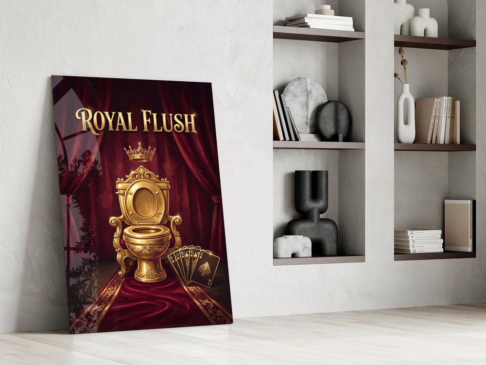 royal flush golden throne toilet panel resting in a shelving niche in a modern interior