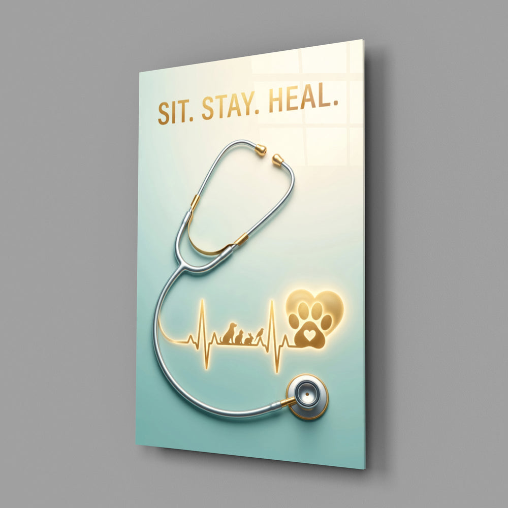 sit stay heal veterinary stethoscope glass wall art angled to show the polished tempered glass panel