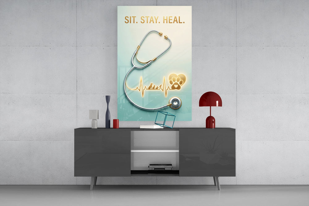 sit stay heal veterinary stethoscope glass wall art displayed above a console in a designer interior