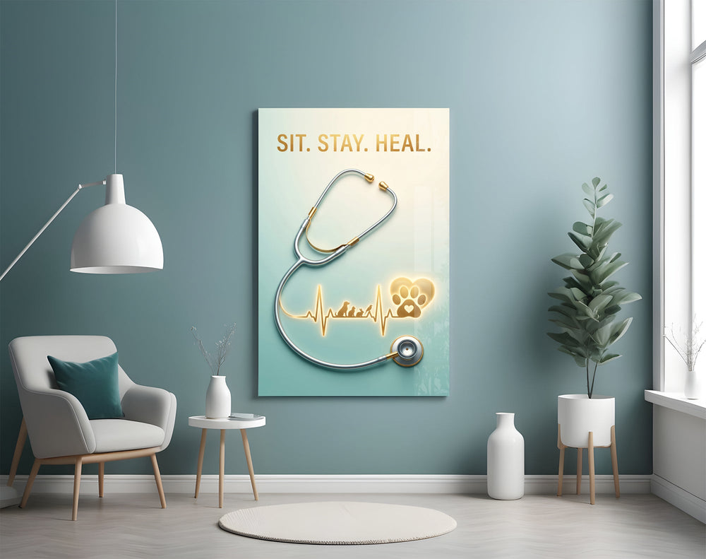 sit stay heal veterinary stethoscope glass wall art styled above an armchair in a reading corner