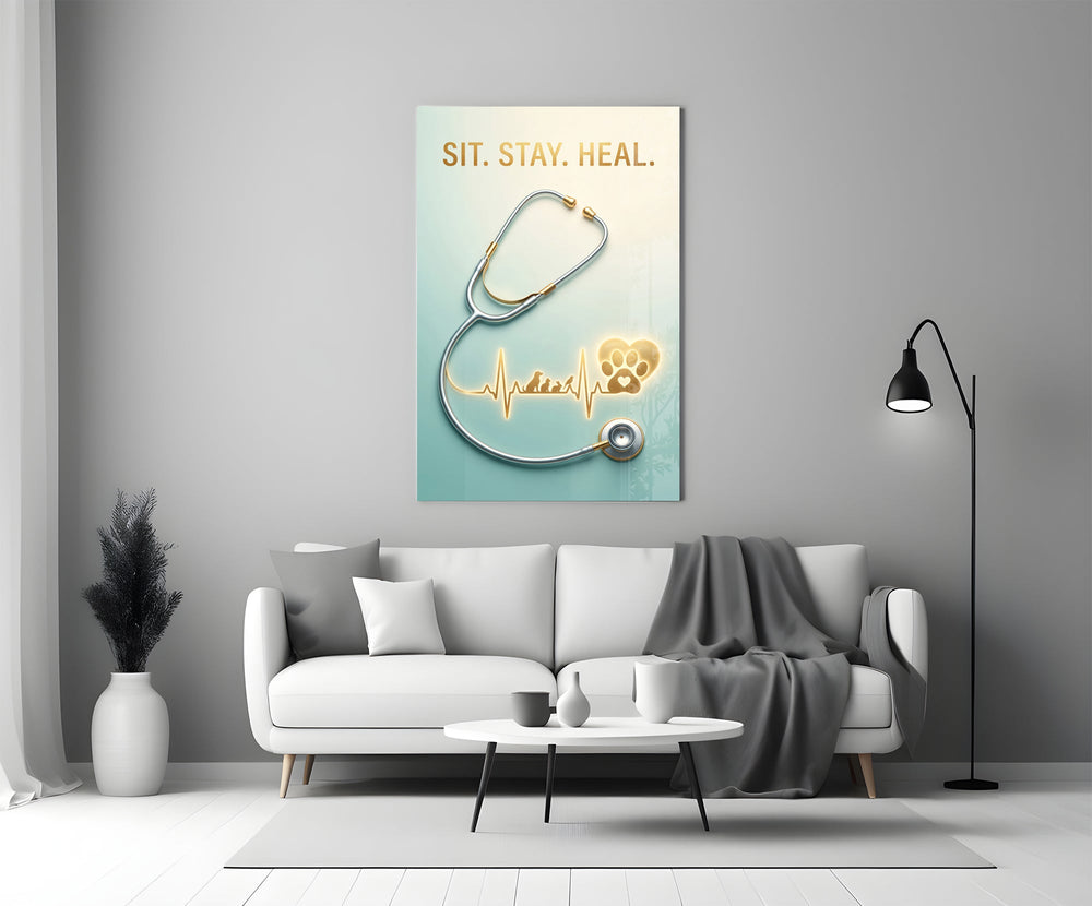 sit stay heal veterinary stethoscope panel bringing character to a minimalist living room wall