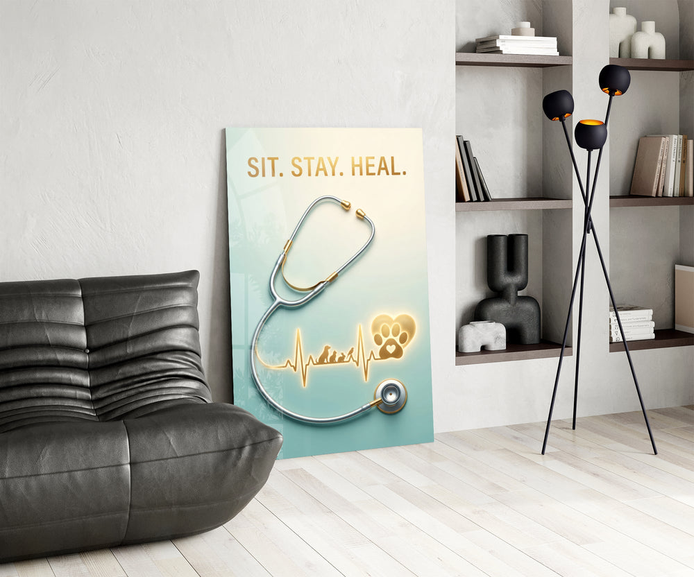 sit stay heal veterinary stethoscope glass wall art leaning beside a dark leather sofa