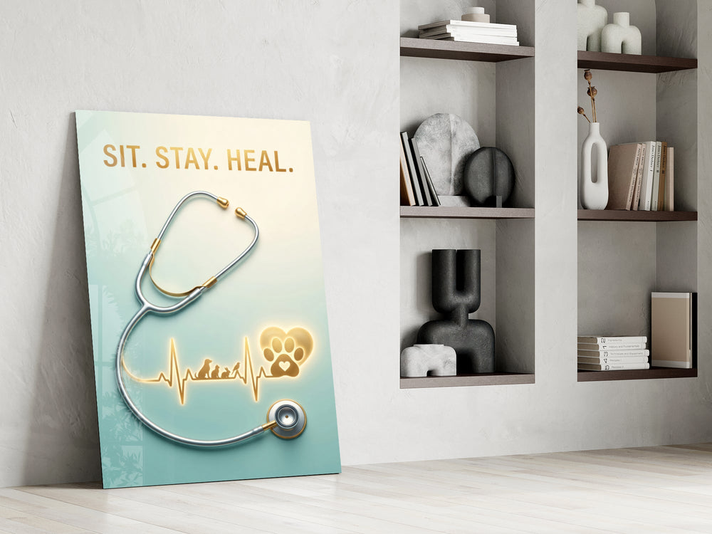 sit stay heal veterinary stethoscope panel resting in a shelving niche in a modern interior