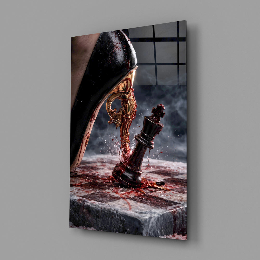 stiletto heel crushing a chess king glass wall art angled to show the polished tempered glass panel