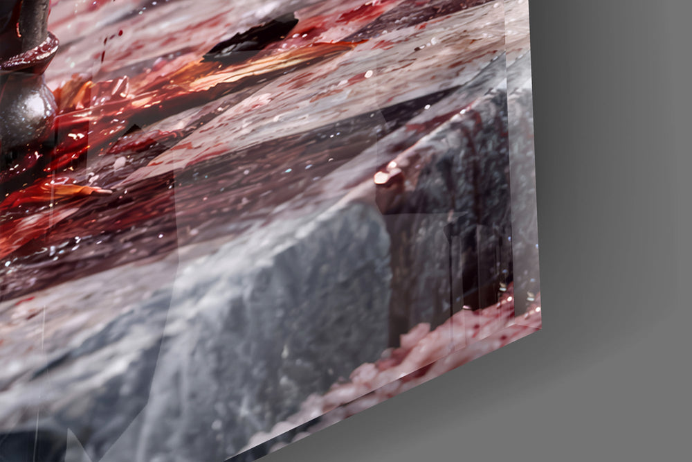 Close-up detail of the ornate gilded baroque heel and the blood-slicked marble squares on the glass surface