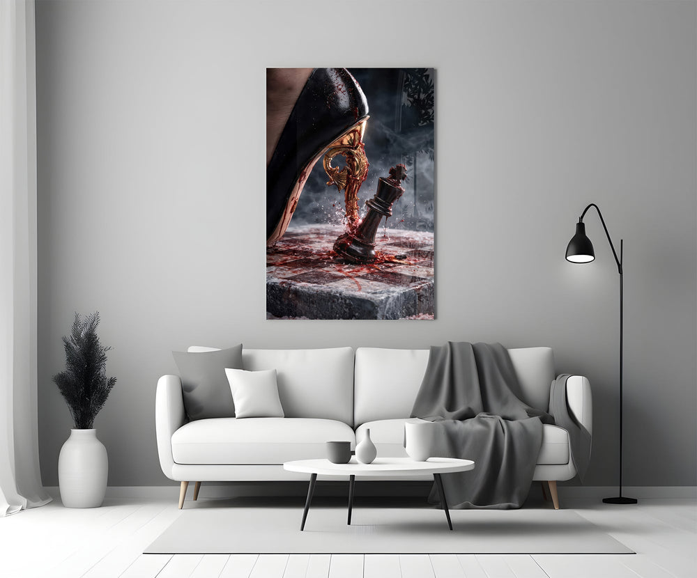 stiletto heel crushing a chess king panel bringing character to a minimalist living room wall