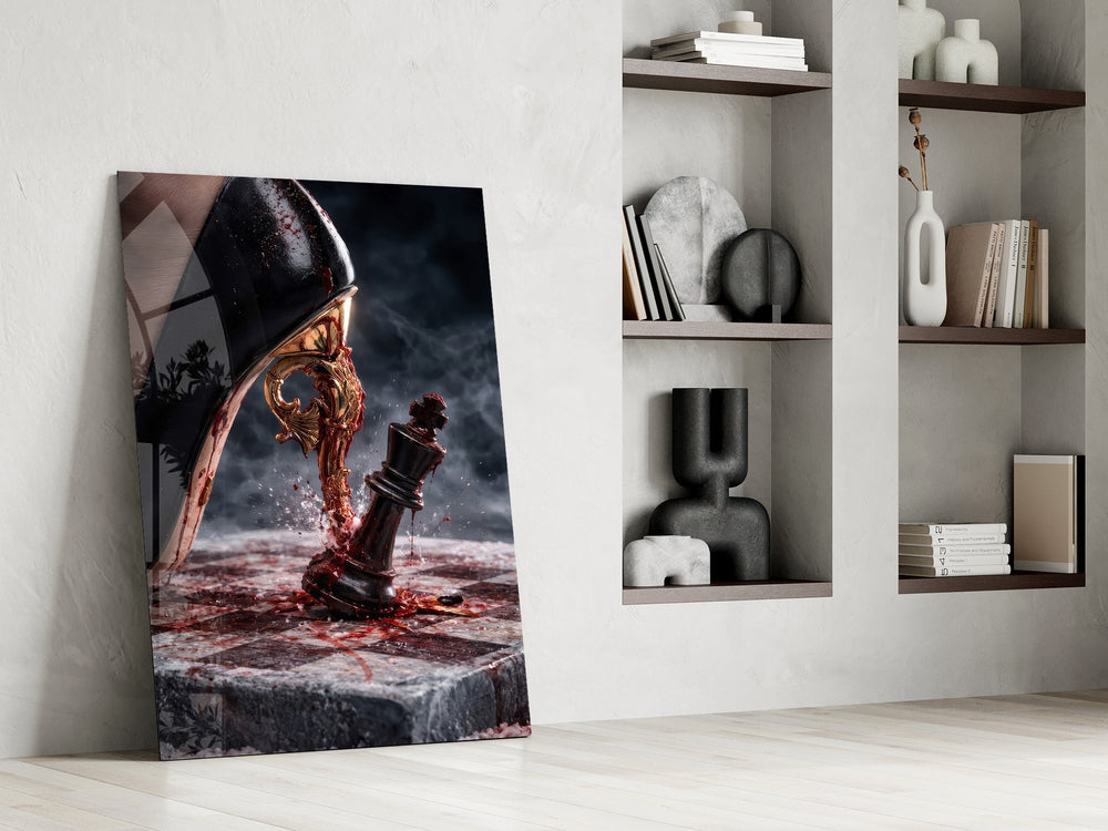 stiletto heel crushing a chess king panel resting in a shelving niche in a modern interior