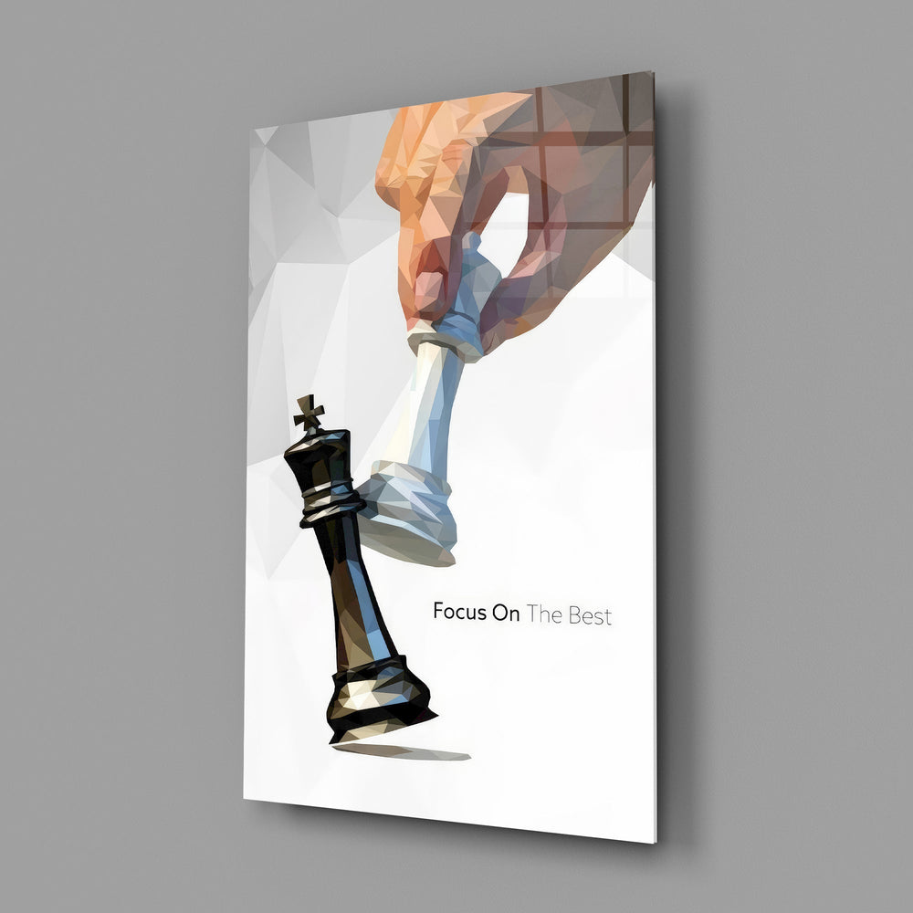 low-poly hand toppling a chess king glass wall art angled to show the polished tempered glass panel