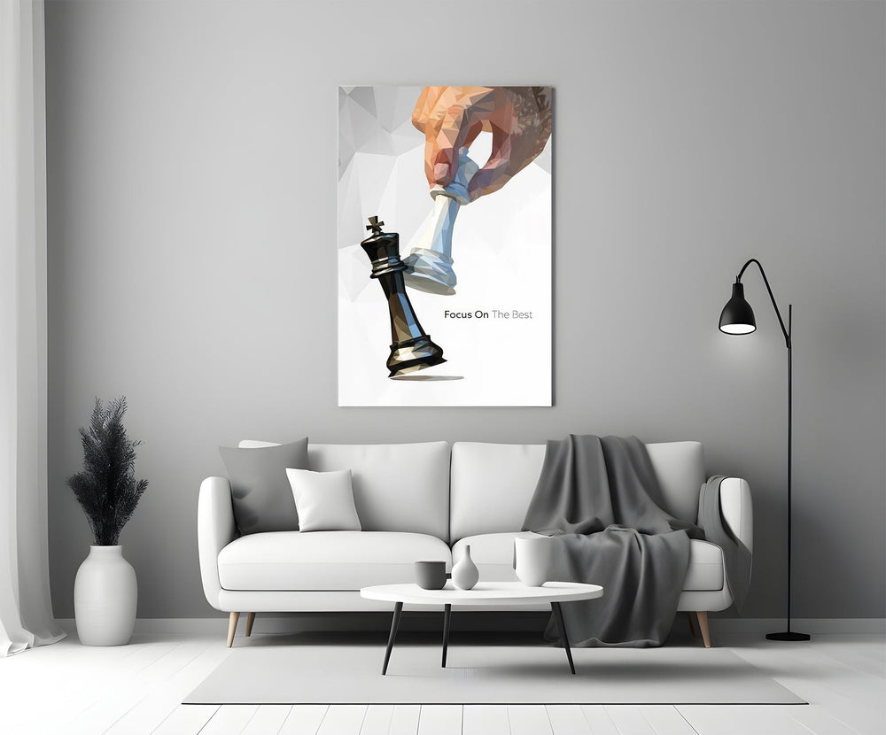 low-poly hand toppling a chess king panel bringing character to a minimalist living room wall