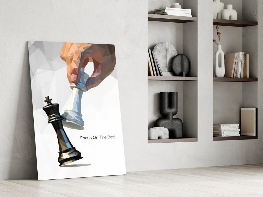 low-poly hand toppling a chess king panel resting in a shelving niche in a modern interior