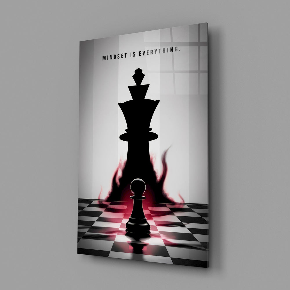 a pawn facing a king-sized shadow glass wall art angled to show the polished tempered glass panel