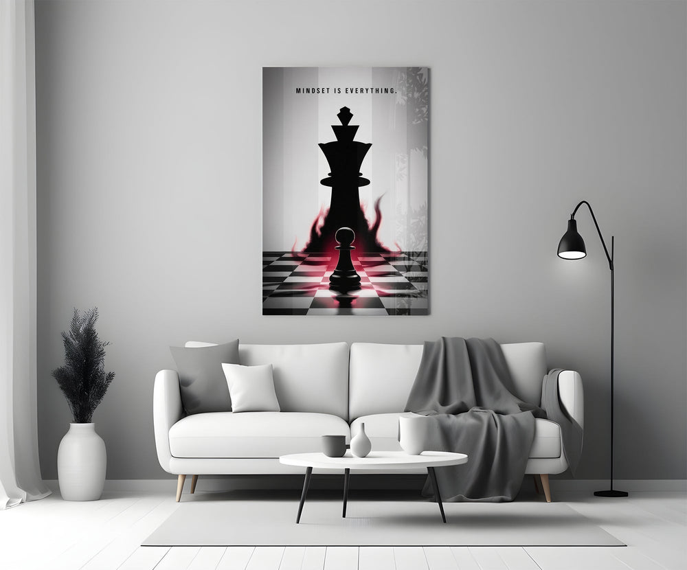 a pawn facing a king-sized shadow panel bringing character to a minimalist living room wall