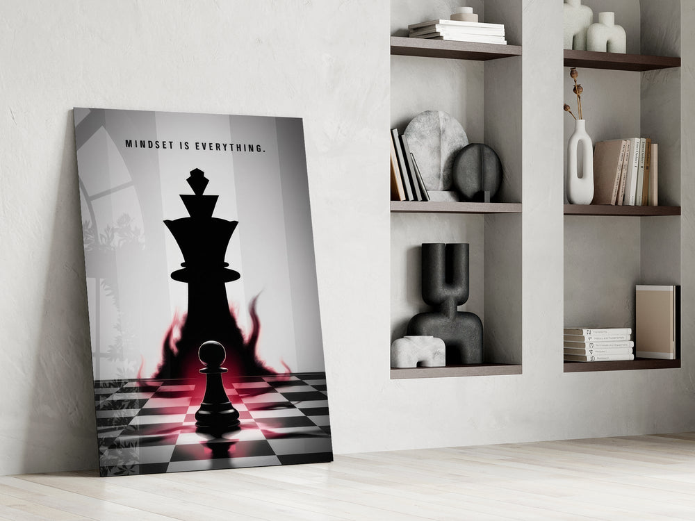 a pawn facing a king-sized shadow panel resting in a shelving niche in a modern interior