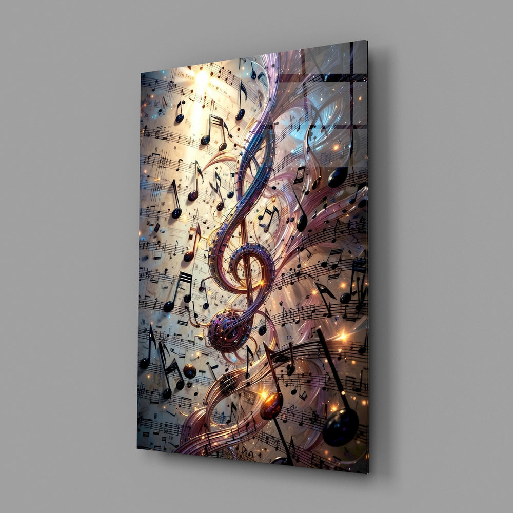 a glowing treble clef among music notes glass wall art angled to show the polished tempered glass panel