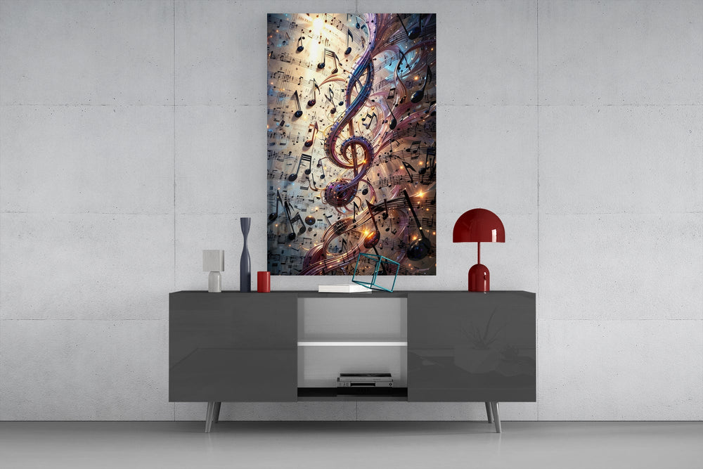 a glowing treble clef among music notes glass wall art displayed above a console in a designer interior