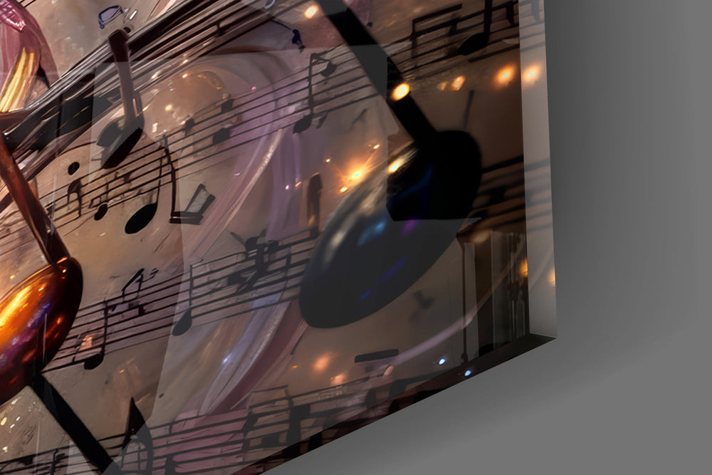 Close-up detail of the metallic clef ribbon and the drifting notes over vintage sheet music on the glass surface