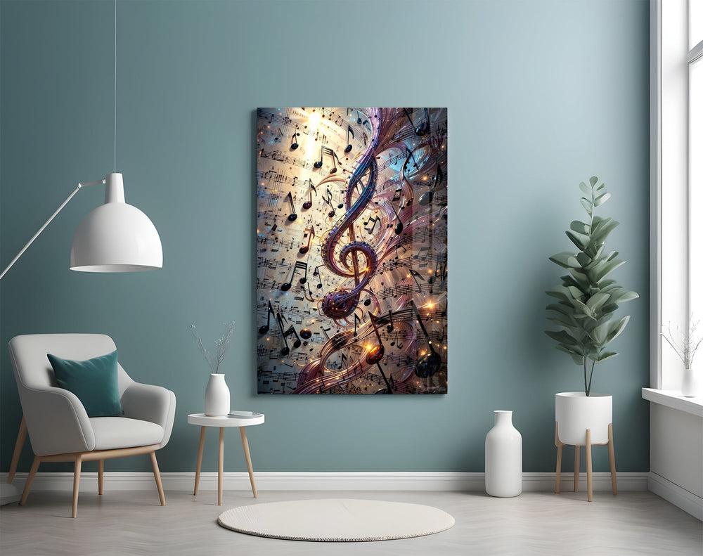 a glowing treble clef among music notes glass wall art styled above an armchair in a reading corner