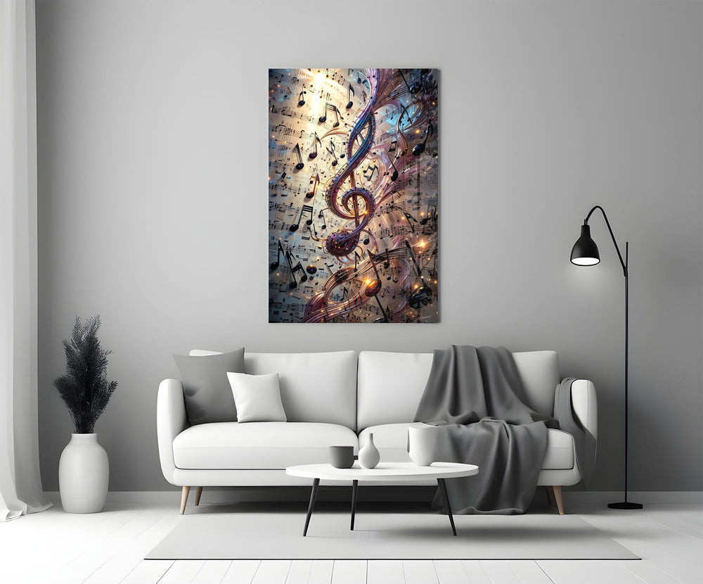 a glowing treble clef among music notes panel bringing character to a minimalist living room wall